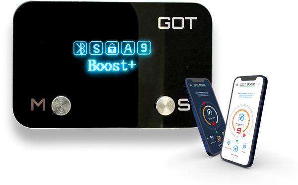 GOT Boost+ device showing mode selection buttons and digital display with integrated mobile application